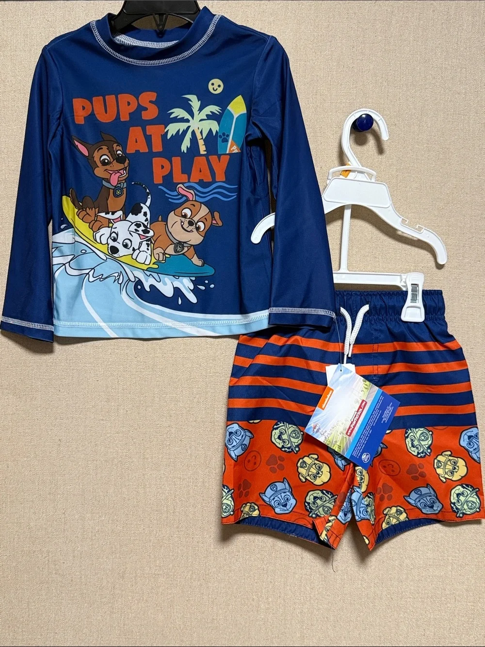Nickelodeon Paw Patrol Boys 2-Piece Rash Guard Swim Trunks Set Blue Orange 3T